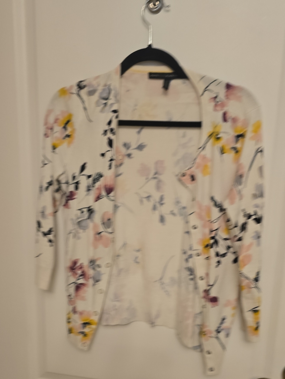 White House Black Market White Floral Open Cardigan with Pink and Yellow Blooms